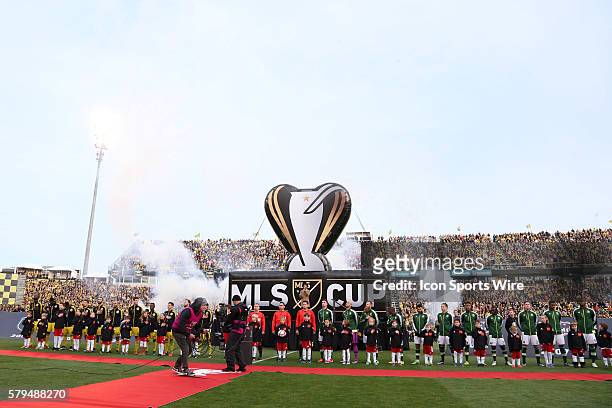 The players are introduced before the game. The Columbus Crew SC hosted the Portland Timbers FC at Mapfre Stadium in Columbus, Ohio in MLS Cup 2015,...