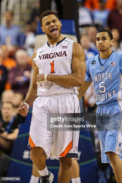 Virginia Cavaliers guard Justin Anderson reacts to his basket during the ACC Tournament at Greensboro Coliseum in Greensboro, NC. UNC moves to the...