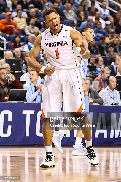 Virginia Cavaliers guard Justin Anderson reacts to a play during the ACC Tournament game at Greensboro Coliseum in Greensboro, NC. North Carolina...