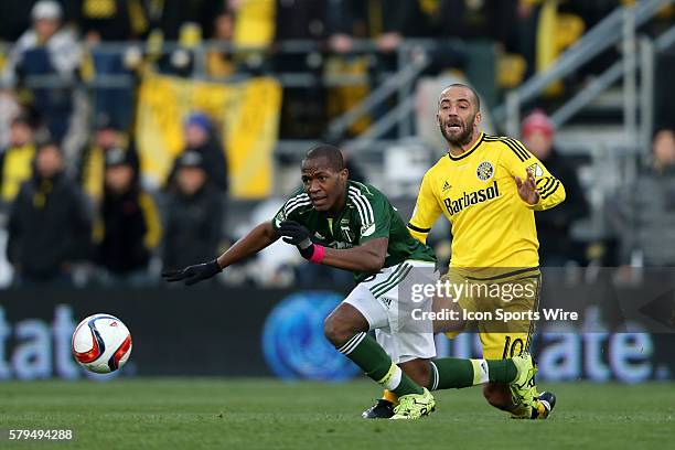 Portland's Darlington Nagbe and Columbus's Federico Higuain . The Columbus Crew SC hosted the Portland Timbers FC at Mapfre Stadium in Columbus, Ohio...