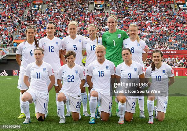 The England starting XI pose for a team photo for the media before the FIFA 2015 Women's World Cup Round of 16 match between Norway and England at...