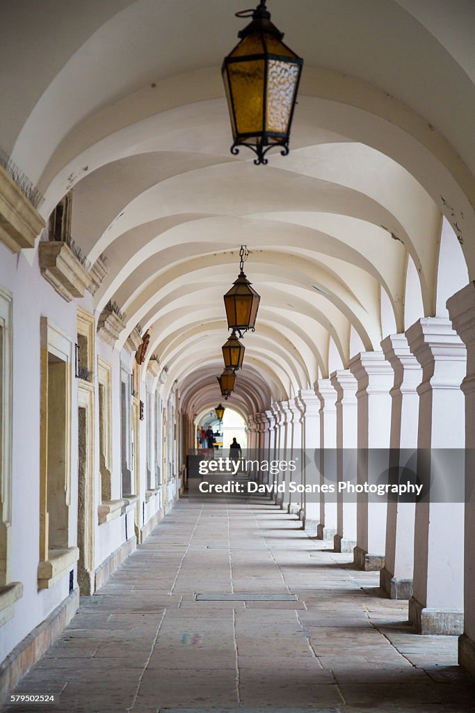 A long alcove in the Great Market Square in Zamosc, Poland