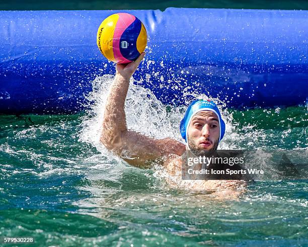 Stefano Luongo of Italy looks to pass the ball during Australia's 14-10 loss to Italy in the Mens AUS v ITA International Water Polo match at...