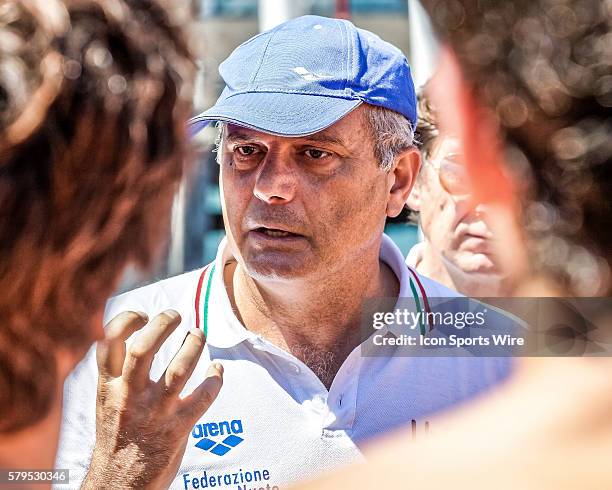 Italian Head Coach, Allessandro Campagna speaks to players prior to the start of the Mens AUS v ITA International Water Polo match at Campbell's Cove...