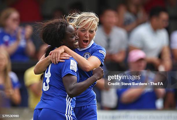 Eniola Aluko of Chelsea Ladies FC celebrates scoring her 2nd goal with Gemma Davison during the FA WSL 1 match between Chelsea Ladies FC and...