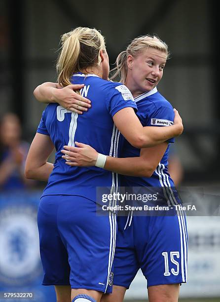 Beth England of Chelsea Ladies FC celebrates scoring a goal with Gemma Davison during the FA WSL 1 match between Chelsea Ladies FC and Doncaster...