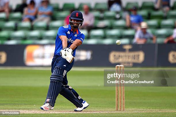 Brett D'Oliveira of England hits out during the Triangular Series match between England Lions and Pakistan A at The Spitfire Ground on July 24, 2016...