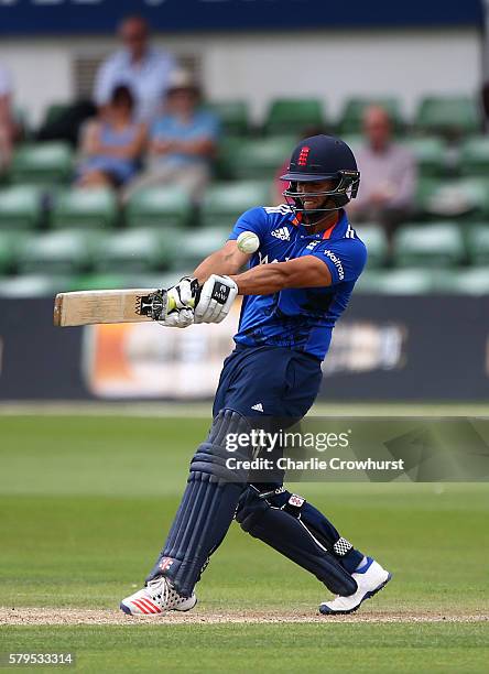 Brett D'Oliveira of England hits out during the Triangular Series match between England Lions and Pakistan A at The Spitfire Ground on July 24, 2016...