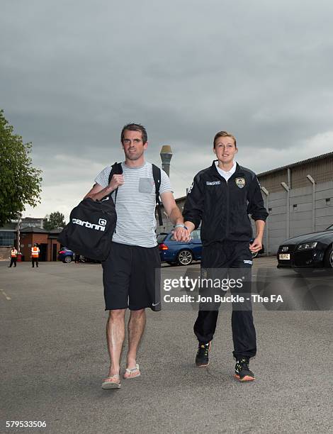 Ellen White of Notts County Ladies FC arrives with her husband Callum Convery prior to the match against Manchester City Women at Meadow Lane on July...