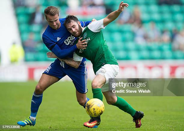 James Keatings of Hibernian challenges Andrew Shinnie of Birmingham City during the Pre-Season Friendly between Hibernian and Birmingham City at...