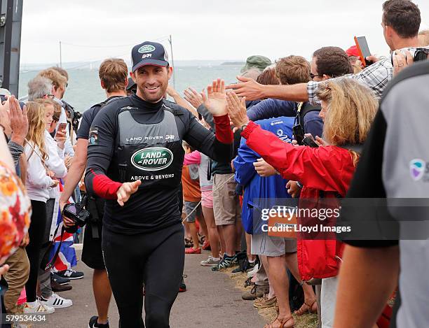Land Rover BAR skippered by Ben Ainslie celebrates winning The 35th America's Cup Louis Vuitton World Series on July 24, 2016 in Portsmouth, United...