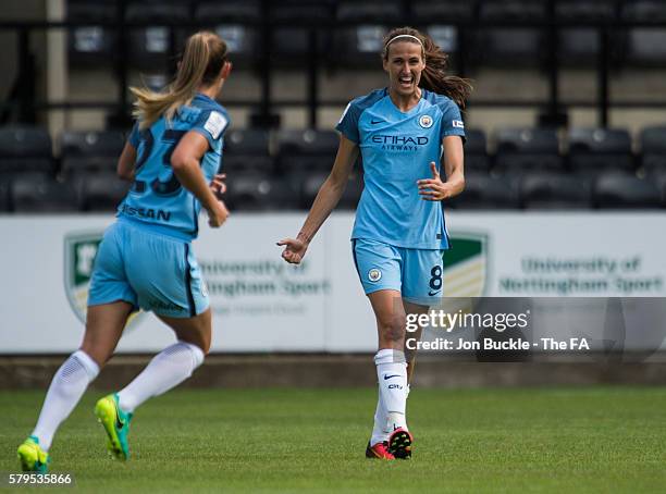 Jill Scott of Manchester City Women celebrates the opening goal against Notts County Ladies FC at Meadow Lane on July 24, 2016 in Nottingham, England.