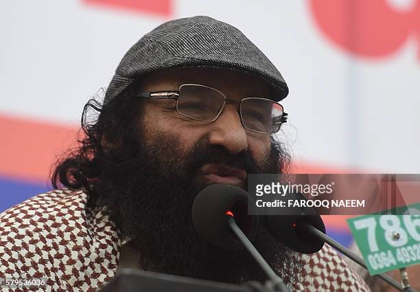 Pakistani chief of Hizbul Mujahideen, Syed Salahuddin, addresses a protest against killings in Indian-administered Kashmir in Islamabad on July 24,...