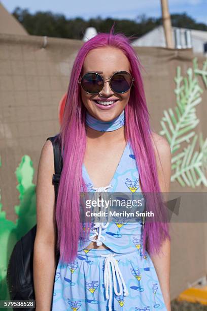 Festival goer poses with pink hair during Splendour in the Grass 2016 on July 22, 2016 in Byron Bay, Australia.
