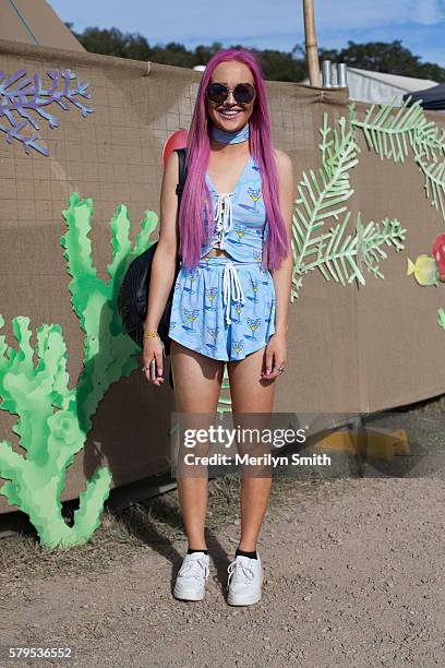 Festival goer poses with pink hair during Splendour in the Grass 2016 on July 22, 2016 in Byron Bay, Australia.