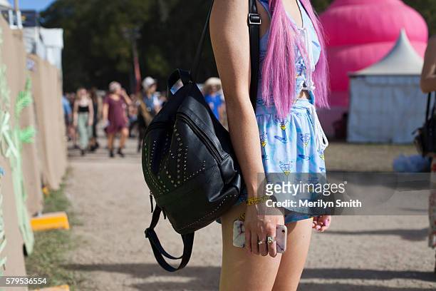 Festival goer poses with pink hair during Splendour in the Grass 2016 on July 22, 2016 in Byron Bay, Australia.