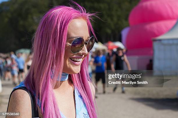 Festival goer poses with pink hair during Splendour in the Grass 2016 on July 22, 2016 in Byron Bay, Australia.