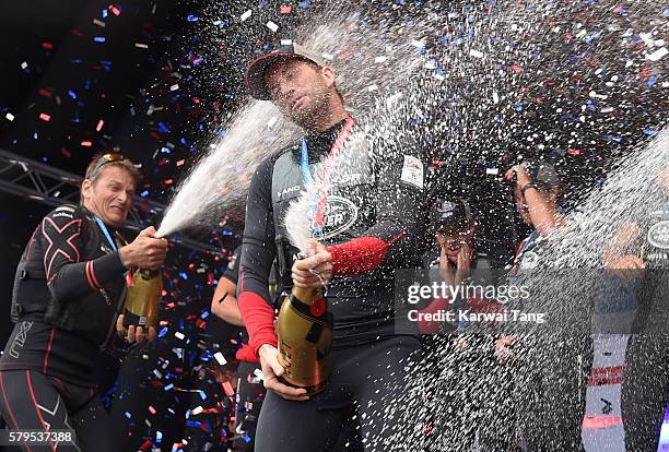 Sir Ben Ainslie celebrates after the Land Rover BAR team wins the America's Cup 2016 at the America's Cup World Series at the Race Village on July...