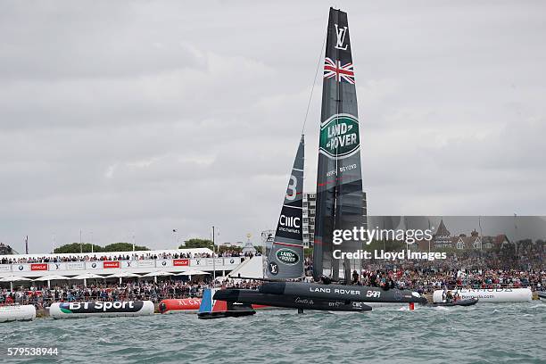 Land Rover BAR skippered by Ben Ainslie during day three of The 35th America's Cup Louis Vuitton World Series on July 24, 2016 in Portsmouth, United...