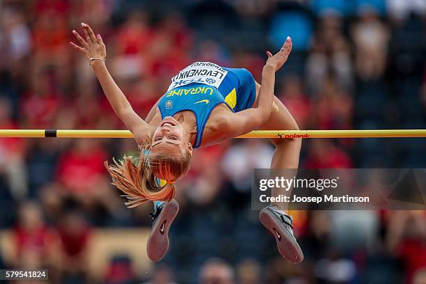 Yuliya Levchenko from Ukraine competes in women's high jump during the IAAF World U20 Championships at the Zawisza Stadium on July 24, 2016 in...