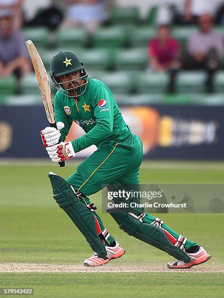 Babar Azam of Pakistan hits out during the Triangular Series match between England Lions and Pakistan A at The Spitfire Ground on July 24, 2016 in...