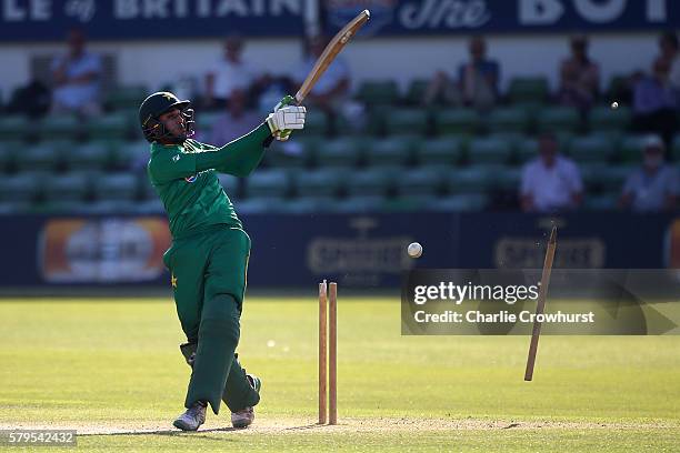 Jaahid Ali of Pakistan looks on as he is bowled out by England's Mark Wood during the Triangular Series match between England Lions and Pakistan A at...