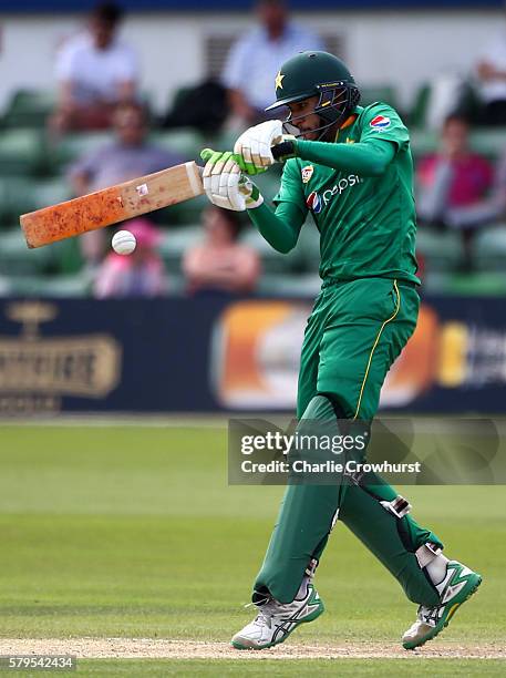 Jaahid Ali of Pakistan hits out during the Triangular Series match between England Lions and Pakistan A at The Spitfire Ground on July 24, 2016 in...