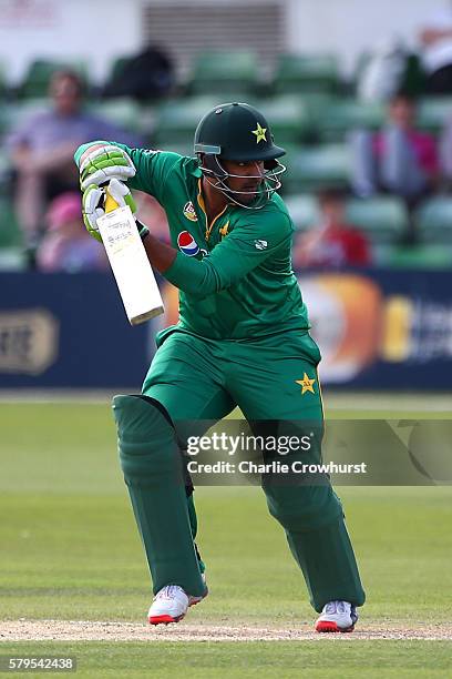 Sharjeel Khan of Pakistan hits out during the Triangular Series match between England Lions and Pakistan A at The Spitfire Ground on July 24, 2016 in...
