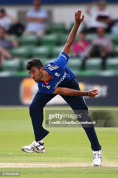 Saqib Mahmood of England bowls during the Triangular Series match between England Lions and Pakistan A at The Spitfire Ground on July 24, 2016 in...