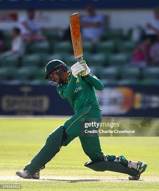 Jaahid Ali of Pakistan hits out during the Triangular Series match between England Lions and Pakistan A at The Spitfire Ground on July 24, 2016 in...