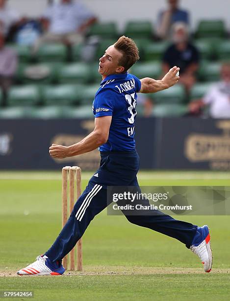 Sam Curran of England bowls during the Triangular Series match between England Lions and Pakistan A at The Spitfire Ground on July 24, 2016 in...