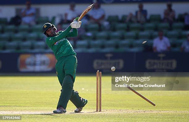 Jaahid Ali of Pakistan looks on as he is bowled out by England's Mark Wood during the Triangular Series match between England Lions and Pakistan A at...
