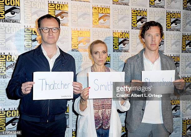 Actor/writer/producer Mark Gatiss, actors Amanda Abbington and Benedict Cumberbatch attend the "Sherlock" panel during Comic-Con International 2016...