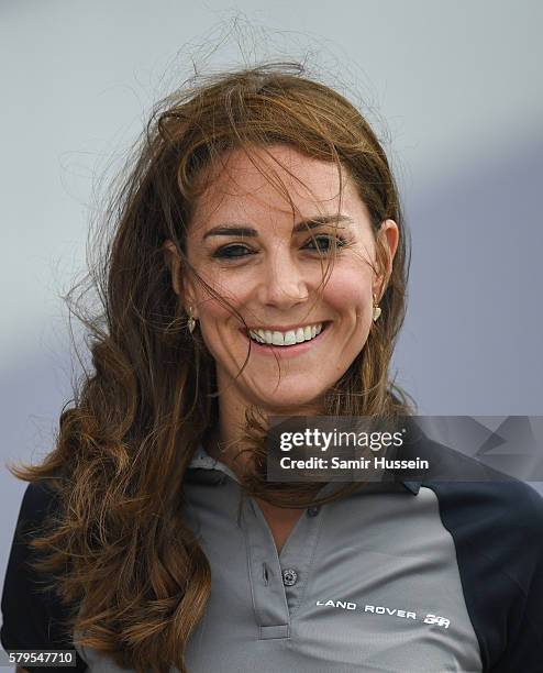 Catherine, Duchess of Cambridge visits the Land Rover BAR at The America's Cup World Series on July 24, 2016 in Portsmouth, England.
