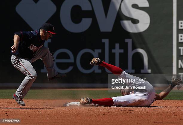 Xander Bogaerts of the Boston Red Sox attempts to steal second base as Brian Dozier of the Minnesota Twins awaits the umpire's call at Fenway Park on...