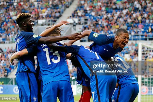 Players of France celebrates after scoring the second goal during the UEFA Under19 European Championship Final match between U19 France and U19 Italy...