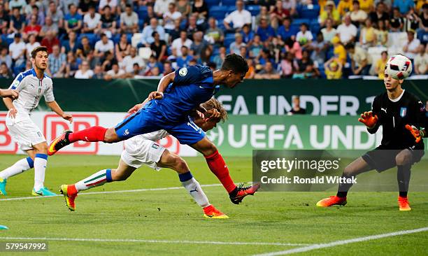 Ludovic Blas of France scores his team's second goal during the UEFA Under19 European Championship Final match between U19 France and U19 Italy at...