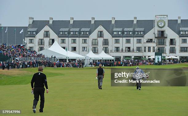 Packed grandstands around the 18th green as the final groups of Paul Broadhurst of England and Miguel Angel Jimenez of Spain walk to the 18th green...