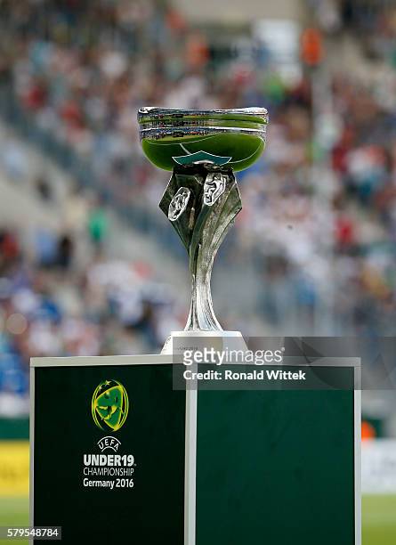 The Pokal during the UEFA Under19 European Championship Final match between U19 France and U19 Italy at Wirsol Rhein-Neckar-Arena on July 24, 2016 in...