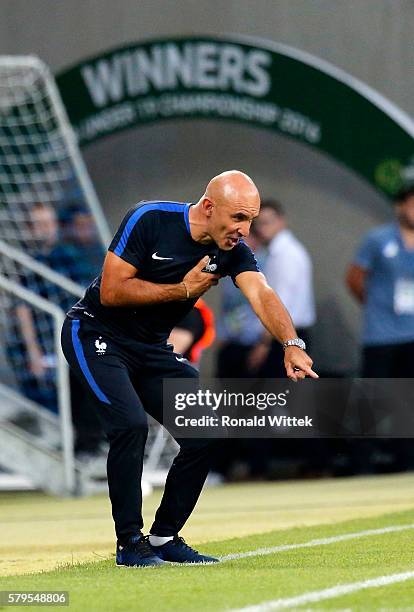 Headcoach Ludovic Batelli of France gesticulating during the UEFA Under19 European Championship Final match between U19 France and U19 Italy at...