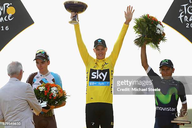 Chris Froome of Great Britain and Team Sky celebrates winning the 2016 Le Tour de France following stage twenty one of the 2016 Le Tour de France,...