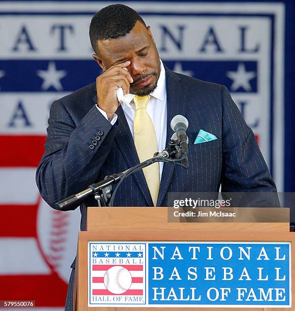 Ken Griffey Jr. Fights back tears as he speaks at Clark Sports Center during the Baseball Hall of Fame induction ceremony on July 24, 2016 in...
