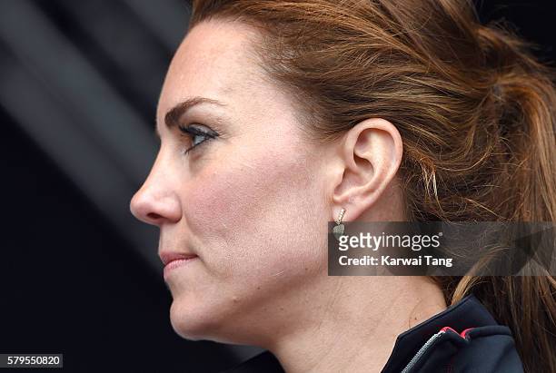 Catherine, Duchess of Cambridge, earring detail, attends the America's Cup World Series at the Race Village on July 24, 2016 in Portsmouth, England.