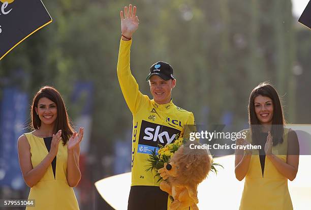 Chris Froome of Great Britain and Team Sky celebrates winning the 2016 Le Tour de France following stage twenty one of the 2016 Le Tour de France,...