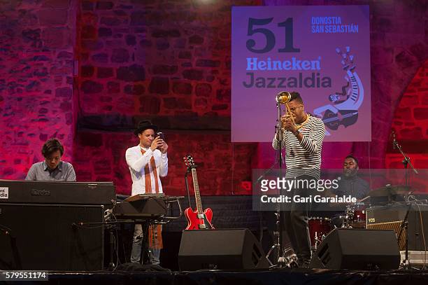American jazz singer Jose James performs onstage with trumpet player Chriistian Scott and keyboard player Takeshi Ohbayashi during 51st edition of...