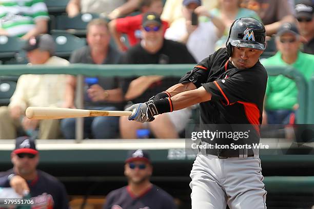 Ichiro Suzuki of the Miami Marlins during the spring training game between the Miami Marlins and the Atlanta Braves at Champion Stadium in Lake Buena...