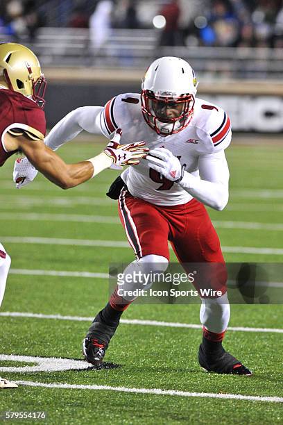 Louisville Cardinals wide receiver DeVante Parker gets past the defender during the Louisville Cardinals game against the Boston College Eagles at...