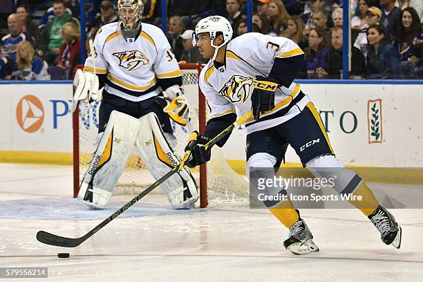 Nashville Predaters' defenseman Seth Jones skates with the puck in the first period during an NHL game between the Nashville Predators and the St....