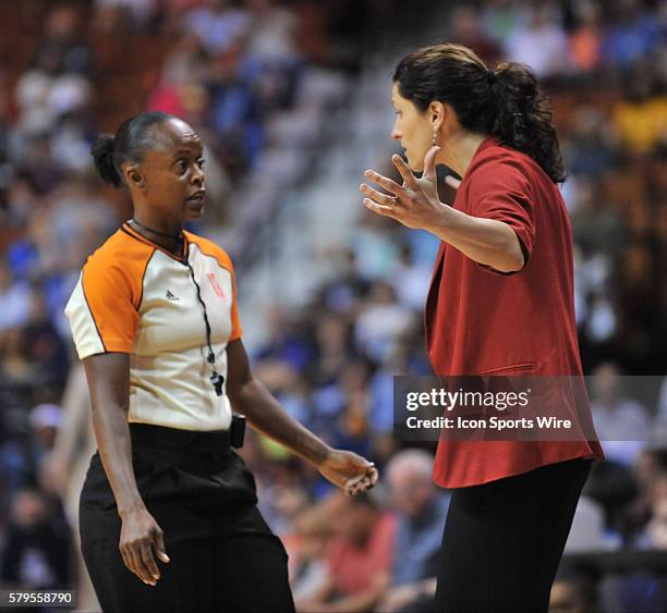 Indiana Fever Head Coach Stephanie White pleads her case with Referee Denise Brooks. The Connecticut Sun's host the Indiana Fever at the Mohegan Sun...