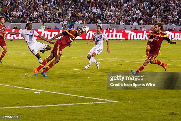 Real Salt Lake defender Chris Schuler heads the ball out of his own box during the Western Conference Semifinal game between the Los Angeles Galaxy...